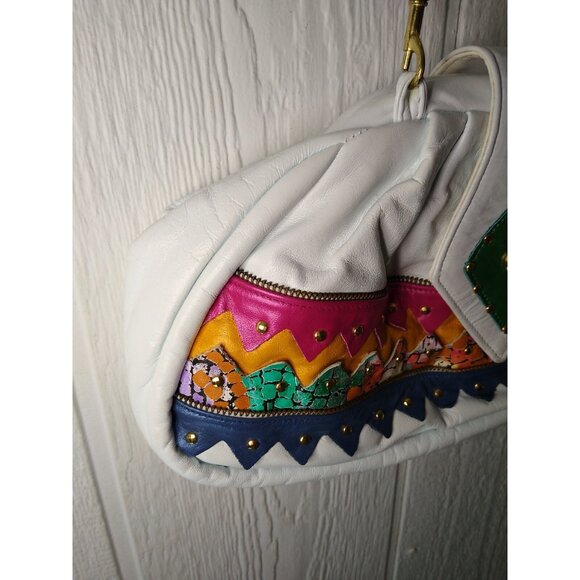 Samir Vtg HandBag White Bright Color Block Zigzag Prints Leather Hinged Purse - Picture 3 of 12